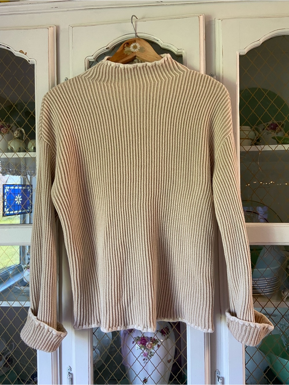 Tribal Ribbed Mock Neck Cotton Sweater - Cream NWOT